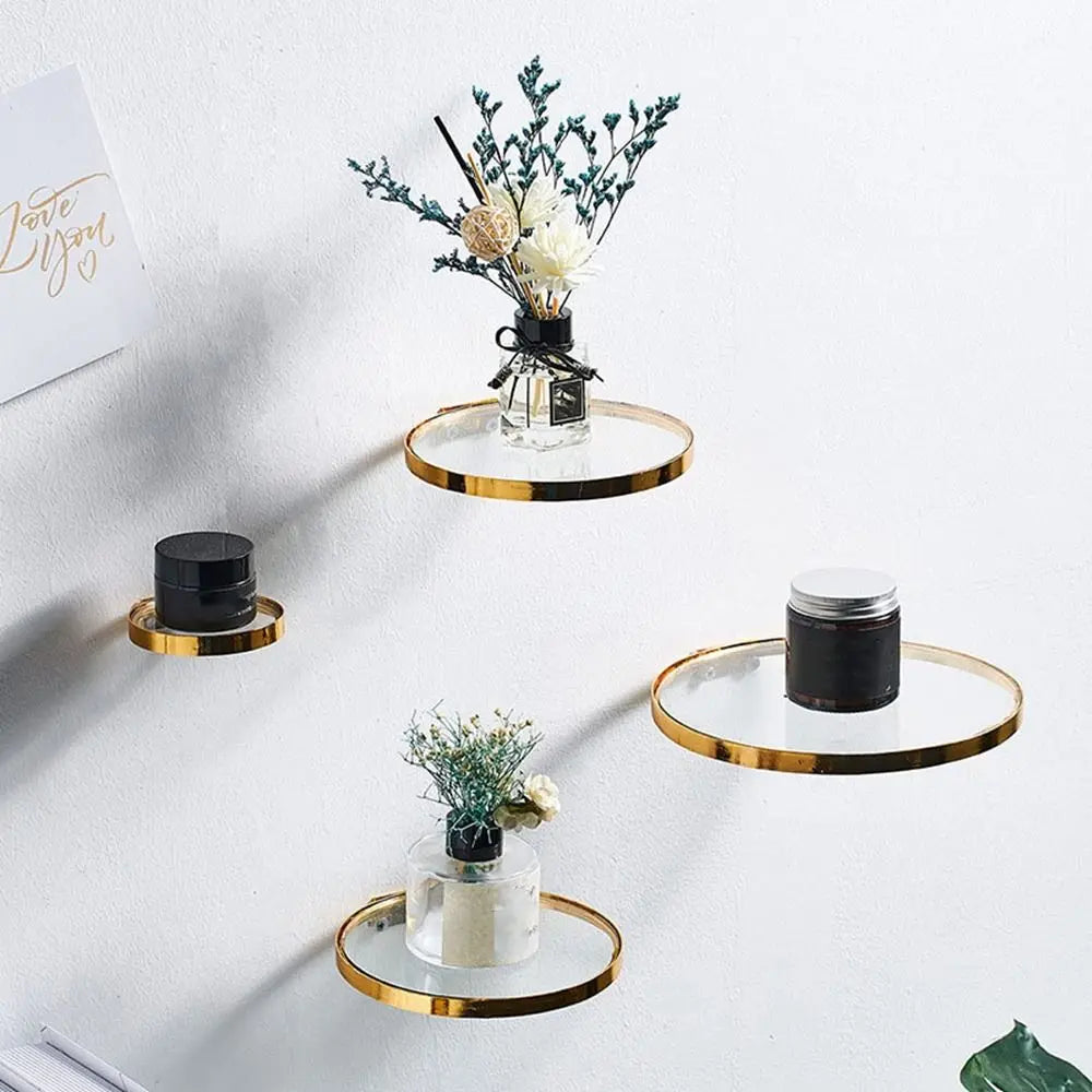 Halo Gold Floating Shelf – Round Iron & Glass Wall Display