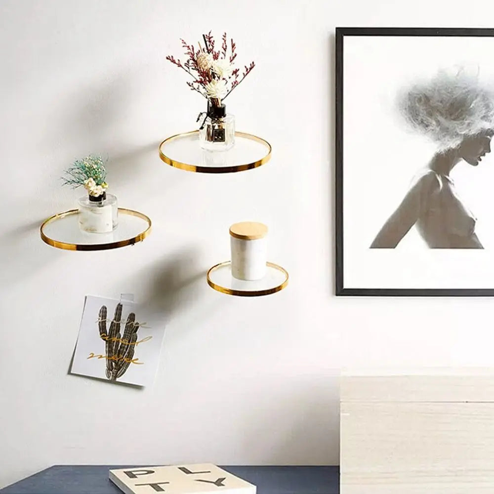 Halo Gold Floating Shelf – Round Iron & Glass Wall Display