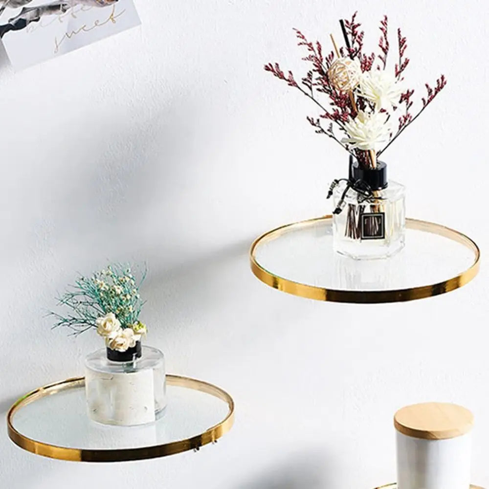 Halo Gold Floating Shelf – Round Iron & Glass Wall Display