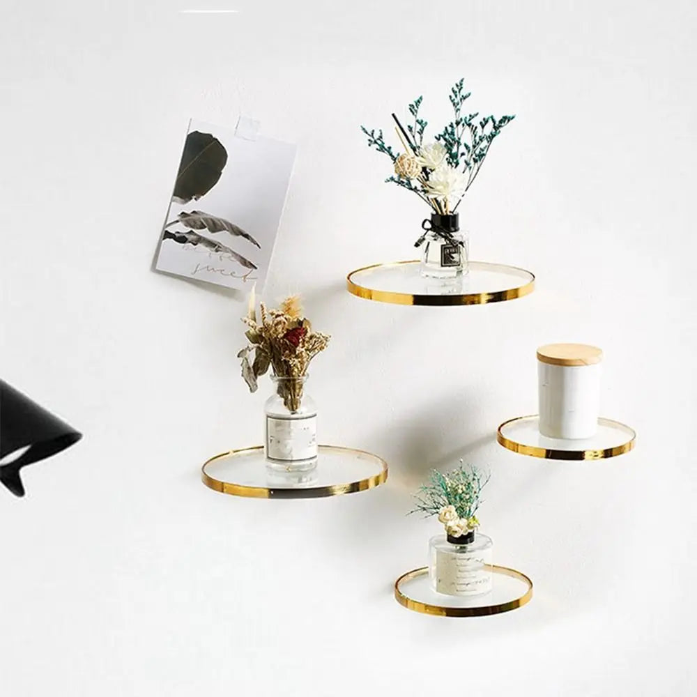 Halo Gold Floating Shelf – Round Iron & Glass Wall Display